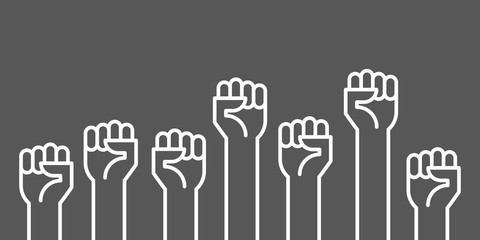 Fototapeta premium Fists hands up vector illustration. Concept of unity, revolution, fight, cooperation. Flat outline design.