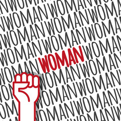 Fist hand up with feminist message. Concept of unity, revolution, fight, protest. Women rights. Vector illustration. Flat outline design.