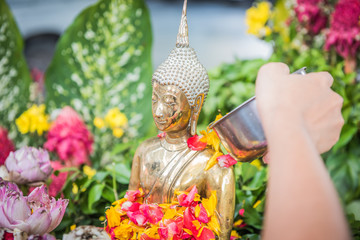 hand are pouring water the Buddha statue on the occasion of Songkran festival day