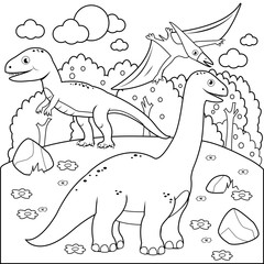 Prehistoric landscape with dinosaurs. Vector black and white coloring page.