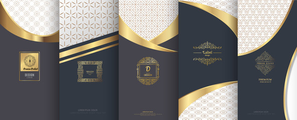 Collection of design elements,labels,icon, frames, for packaging,design of luxury products.for perfume,soap,wine,lotion.Made with golden foil.Isolated on geometric background.vector illustration