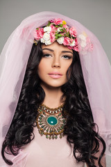 Cute Brunette Model Girl with Flowers Hairstyle, Makeup and Jewelry Necklace