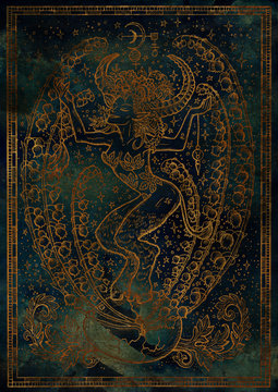 Zodiac sign Taurus on blue grunge texture background. Hand drawn fantasy graphic illustration in frame