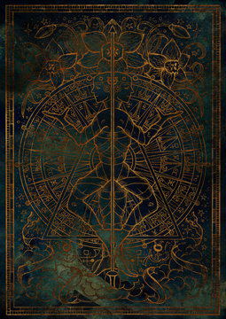 Zodiac sign Gemini on blue grunge texture background. Hand drawn fantasy graphic illustration in frame