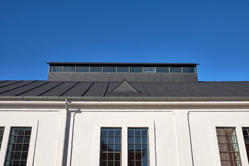 Restored old pitched roof top with tar paper, with a build up shed light
