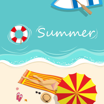 vector illustration. sexy girl in bikini sunbathing on the beach with beach umbrella and beach fashion accessory at tropical country in summer season. summer background concept