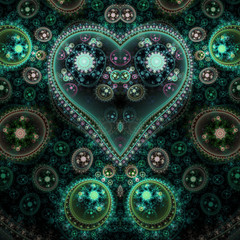 Green mechanical fractal heart, digital artwork for creative graphic design