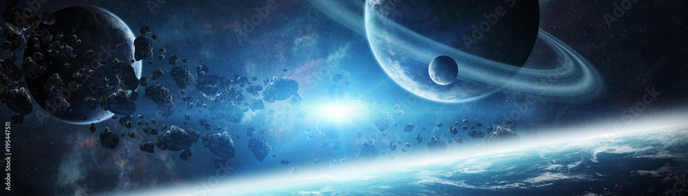 Poster Panoramic view of planets in distant solar system 3D rendering elements of this image furnished by NASA