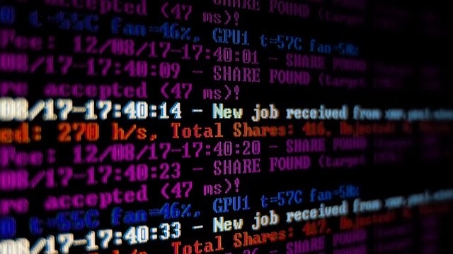 Mining Cryptocurrency process program on display PC. Using Software. Share Found.