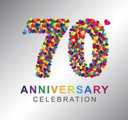 Number seventy, 70th years made from multicolor hearts. Love alphabet. anniversary, aniversary, seventy years anniversary celebration logotype. 70th anniversary logo. seventy years.