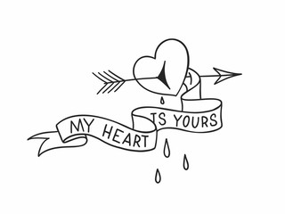 Broken heart with arrow through it and blood drops. Old school tattoo design aboul love. Vector illustration.