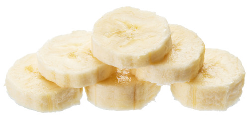 Peeled banana slices on the white background.