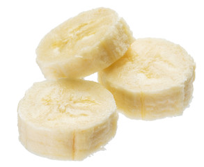 Peeled banana slices on the white background.
