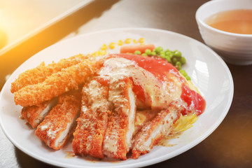 pork deep fried cutlet Japanese food famous, Tonkatsu with Special sauce fill on top