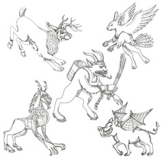 Fototapeta na wymiar A collection of doodle art illustrations that includes the following mythical creatures from legend folklore; jackalope, krampus, skraver, wendigo and wild boar with bat wings on isolated background.