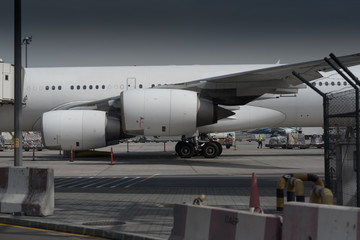 Fototapeta na wymiar Engines of passenger jet aircraft in the international airport