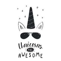 Kissenbezug Hand drawn vector portrait of a cool unicorn in sunglasses, with lettering Unicorns are awesome. Isolated objects on white background. Vector illustration in vintage style. Design concept for children © Maria Skrigan