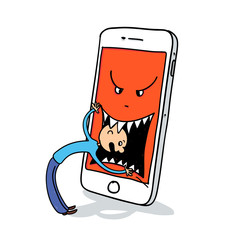 Erwachsener mit Handysucht wird von Handy verschlungen