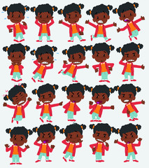 Cartoon character of a black girl. Set with different postures, attitudes and poses, always in negative attitude, doing different activities in vector vector illustrations.