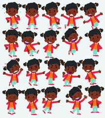 Cartoon character of a black girl. Set with different postures, attitudes and poses, doing different activities in isolated vector illustrations.