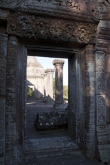 Fototapeta na wymiar Dangrek Mountains Cambodia, view of eastern entrance to Gopura IV doorway at the 11th century Preah Vihear Temple complex 