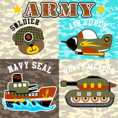 Military equipment cartoon with funny soldier head on camouflage background
