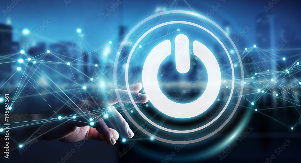 Aufkleber Businessman using 3D render power button with connections