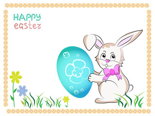 Happy Easter Bunny and Colorful Eggs. Vector Color Illustration Greeting Card rectangular format