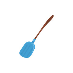 Blue steel shovel with brown wooden handle. Round spade icon. Farming equipment. Gardening instrument. Tool for digging. Cartoon flat vector icon