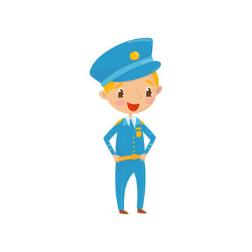 Cheerful teen boy dressed as policeman. Kid wants to be worker of police department in future. Profession of dream. Career day in school. Flat vector illustration