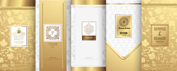 Collection of design elements,labels,icon,frames, for packaging,design of luxury products.for perfume,soap,wine, lotion.Made with golden foil.Isolated on white background.vector illustration