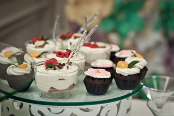 A buffet of sweets on the table in the restaurant