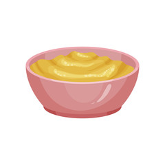 Fresh mustard in pink ceramic dip bowl. Culinary theme. Dishes component. Cooking ingredient used for hot dogs, sandwiches and meat. Colorful flat vector design
