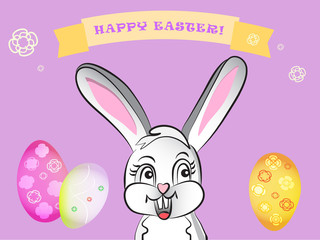 Happy Easter Bunny and Colorful Eggs. Vector Illustration Greeting Color Card horizontal background