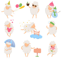 Set of cartoon sheep in different situations. Funny character of domestic animal with fluffy wool. Colorful flat vector design for postcard, sticker or children book