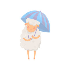 Cute fluffy sheep with sad muzzle holding stripped umbrella. Cartoon character of humanized domestic animal. Flat vector design for print, emoji sticker or poster