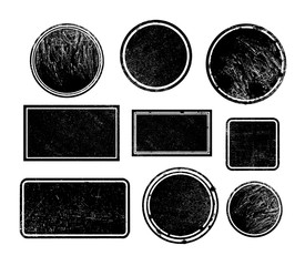 Set of grunge post stamps, circles. Banners, insignias, logos, icons, labels and badges. Distress textures. Blank shapes. Vector illustration. Isolated on white background