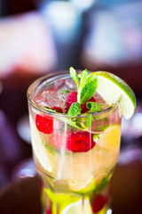 Raspberry Mojito Cocktail with Lime, Mint and Ice in the Bar with Amazing Blurred Background, Free Space for Text, Cold Refreshing Drink