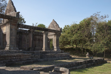 Fototapeta na wymiar Dangrek Mountains Cambodia, view of ruined building at the 11th century Preah Vihear Temple 