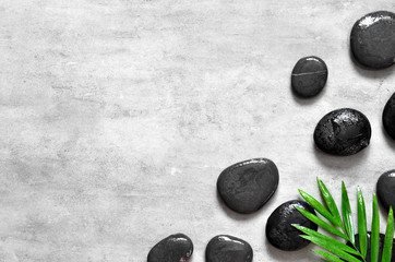 Obraz na płótnie Canvas Grey spa background, palm leaves and black wet stones, top view