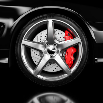 Black car wheel and brakes closeup 3d