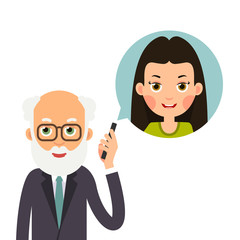 Grandfather with phone. Elderly man holds phone in her hand and represents image of granddaughter with whom she talks. Cartoon illustration isolated on white background in flat style