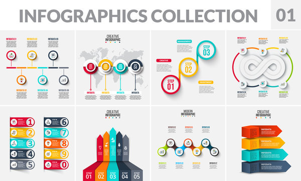 Vector infographics elements collection. Abstract diagrams, arrows, circles, timeline and infinity sign with 3, 4, 5, 6, 7 and 10 steps, options or parts.