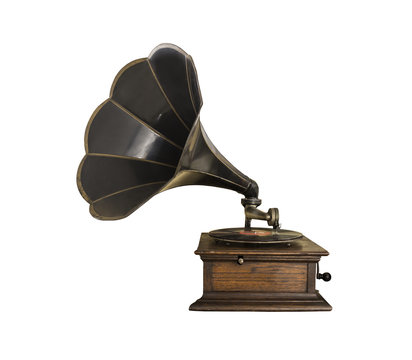 black vintage gramophone on white background isolated