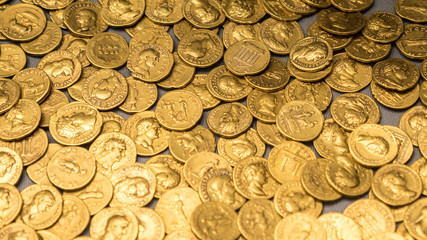 Roman gold coins hoard, full frame background texture - 195459952