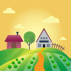 Naklejka premium Farm agriculture banner rural landscape products old barn and field cartoon vector illustration.