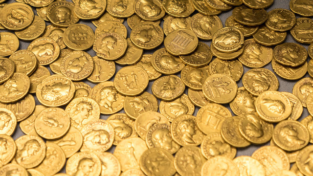 Roman gold coins hoard, full frame background texture