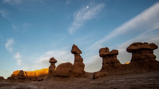 Time lapse in Goblin Valley at sunset viewing the hoodoos in the landscape.