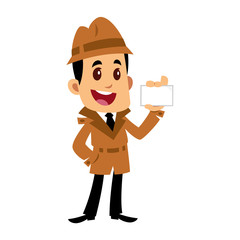 Vector drawing of a detective man, he is showing a business card
