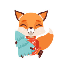 Smiling fox character wearing red sweater sitting and holding fir tree, funny forest animal vector Illustration on a white background